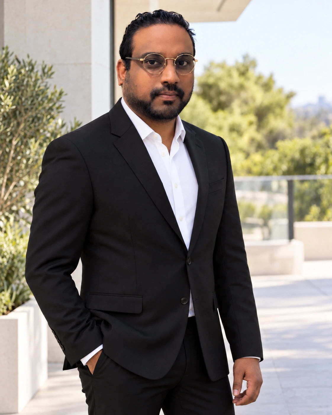 Rajai Rahaman in a black suit and white shirt, standing in an architectural garden setting